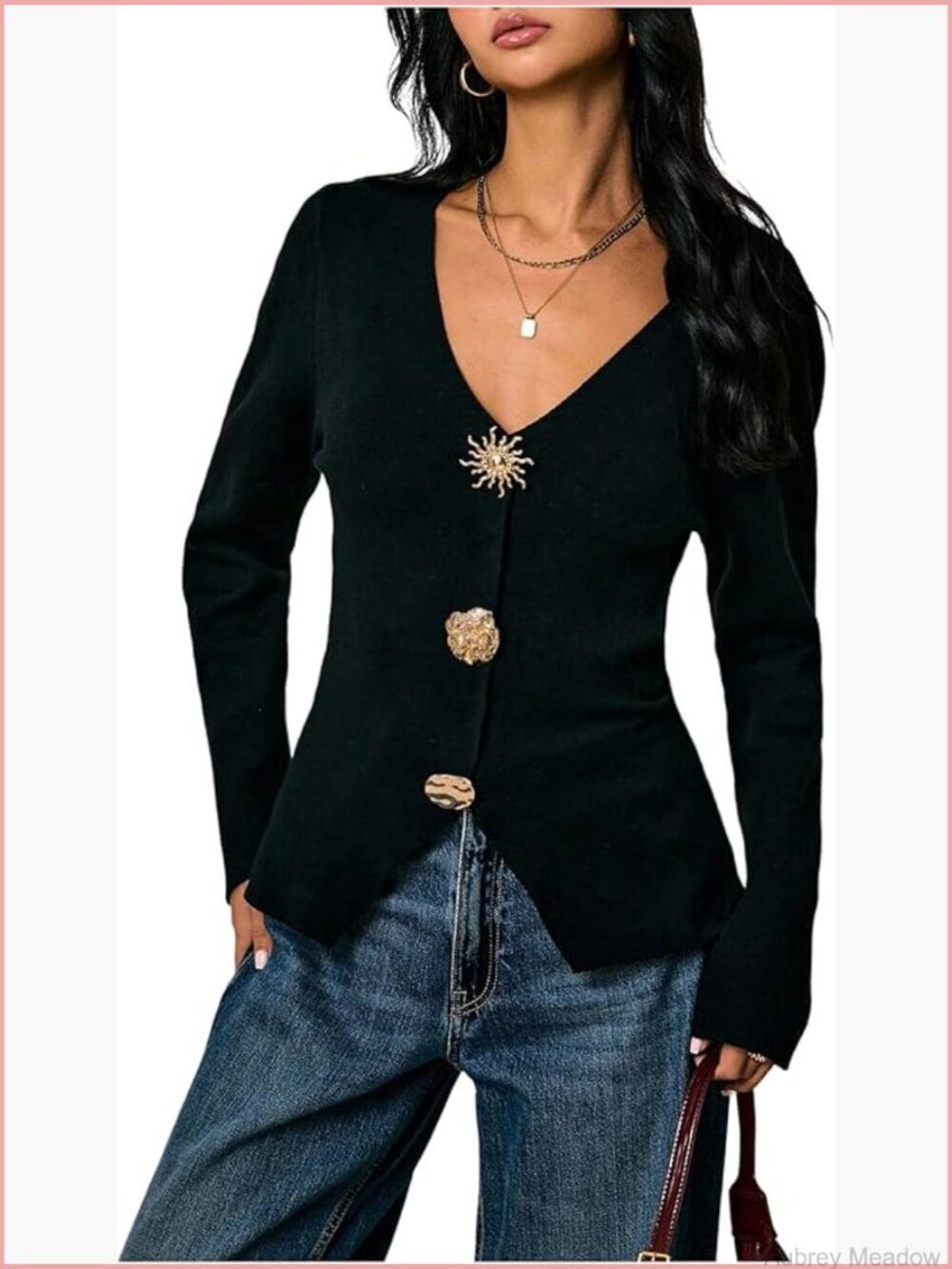 V-Neck Cardigan Long Sleeve Gold Button Down Knit Top